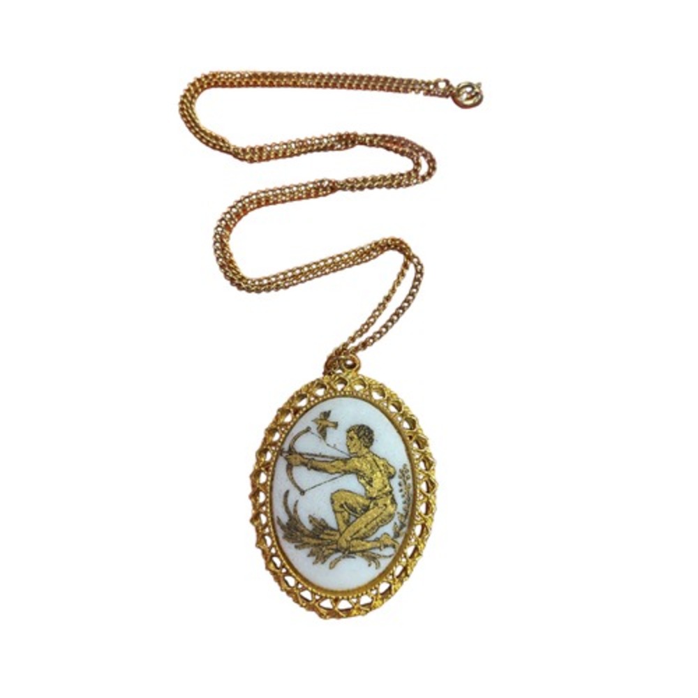 1960s Pakula Intaglio 24" Sagittarius Zodiac Cameo Gold Tone Pendant Necklace